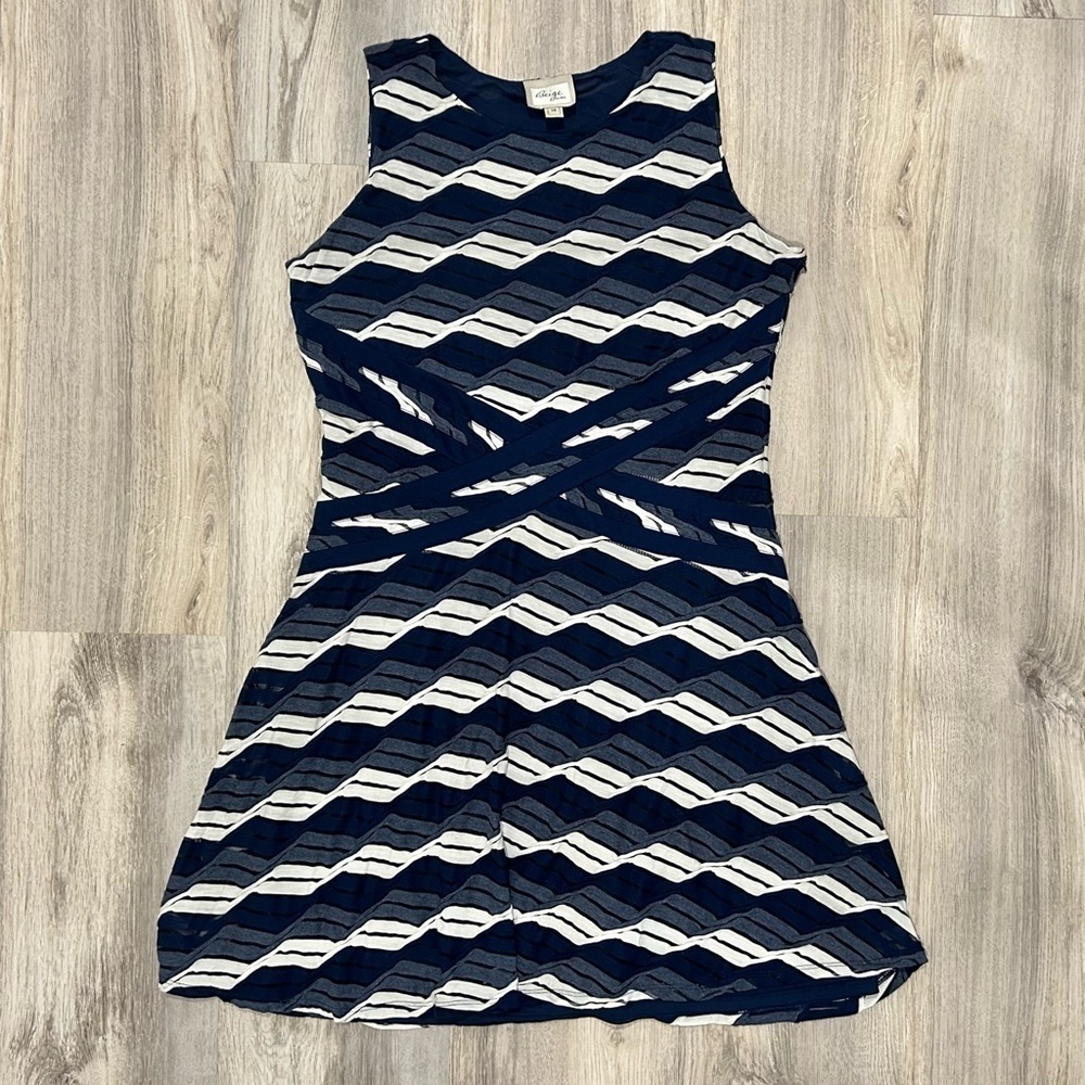 Beige By Eci Sleeveless Mini Sheath Dress Navy Blue Geometric Print Size 14